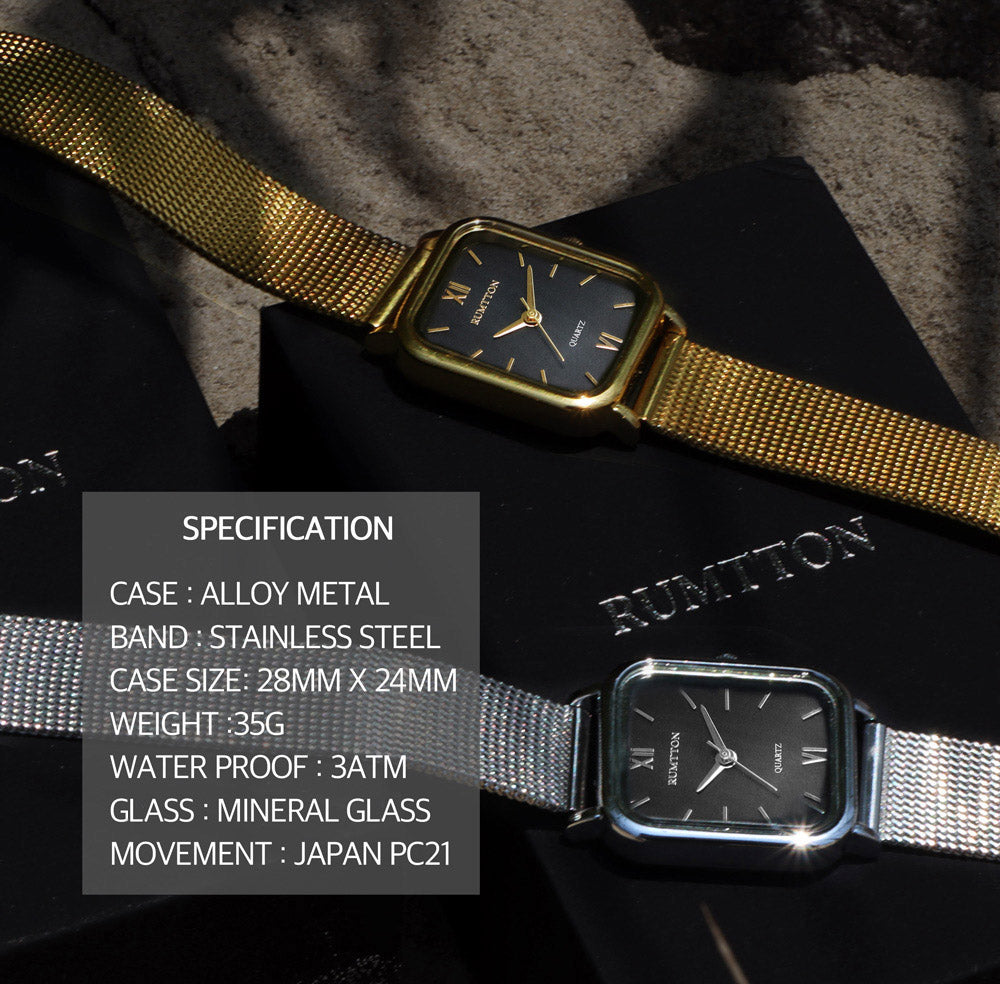 ブラックマザーオブパールレディースメッシュバンド腕時計Harborゴールド