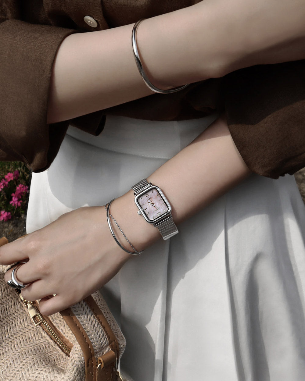 シェルピンク真珠の母メッシュバンド腕時計Harborシルバー