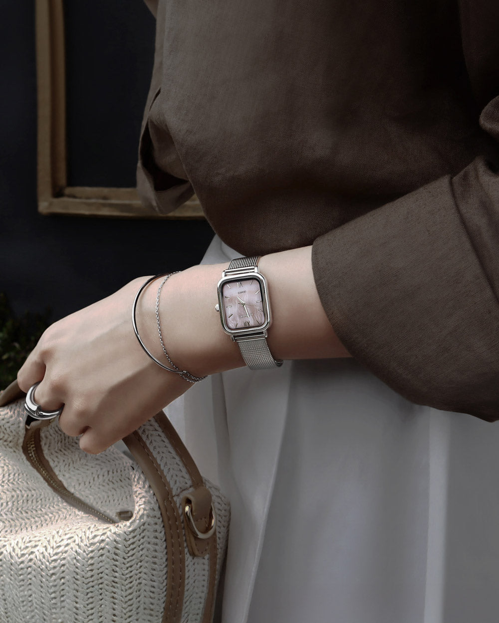 シェルピンク真珠の母メッシュバンド腕時計Harborシルバー