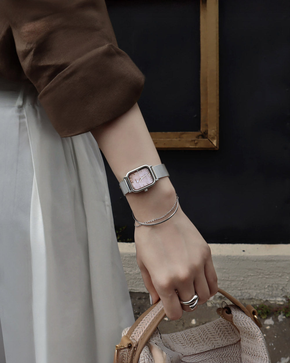 シェルピンク真珠の母メッシュバンド腕時計Harborシルバー