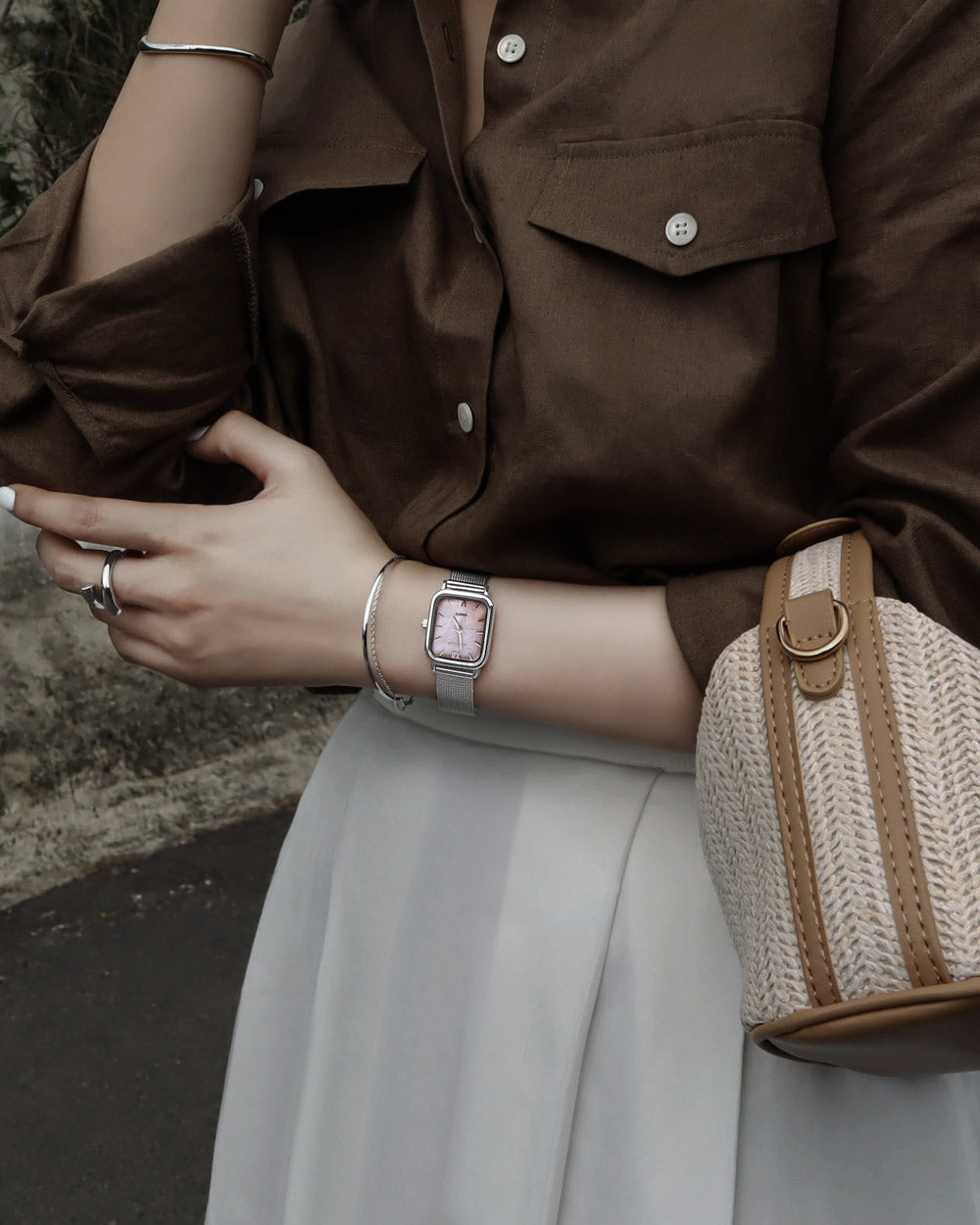 シェルピンク真珠の母メッシュバンド腕時計Harborシルバー