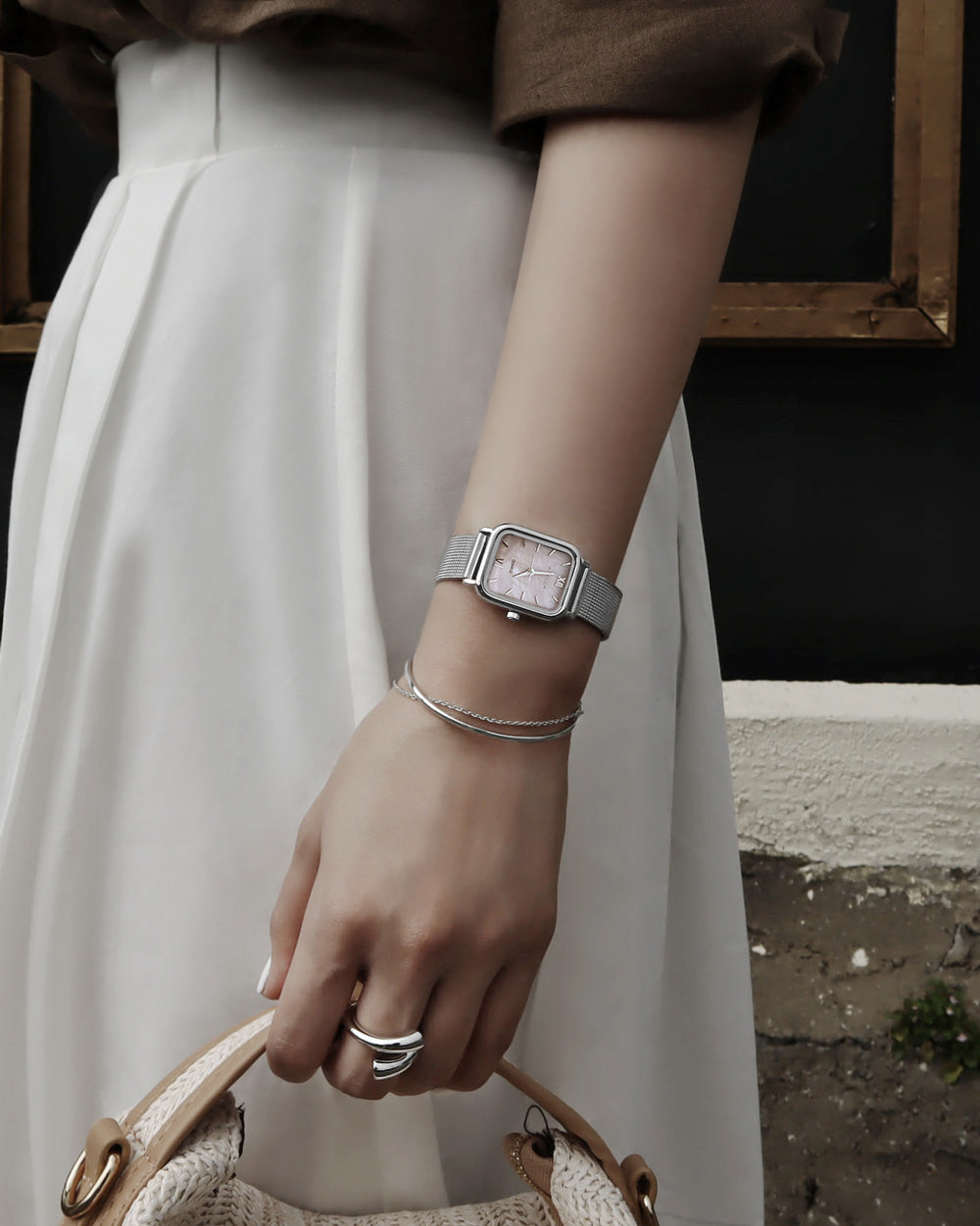 シェルピンク真珠の母メッシュバンド腕時計Harborシルバー