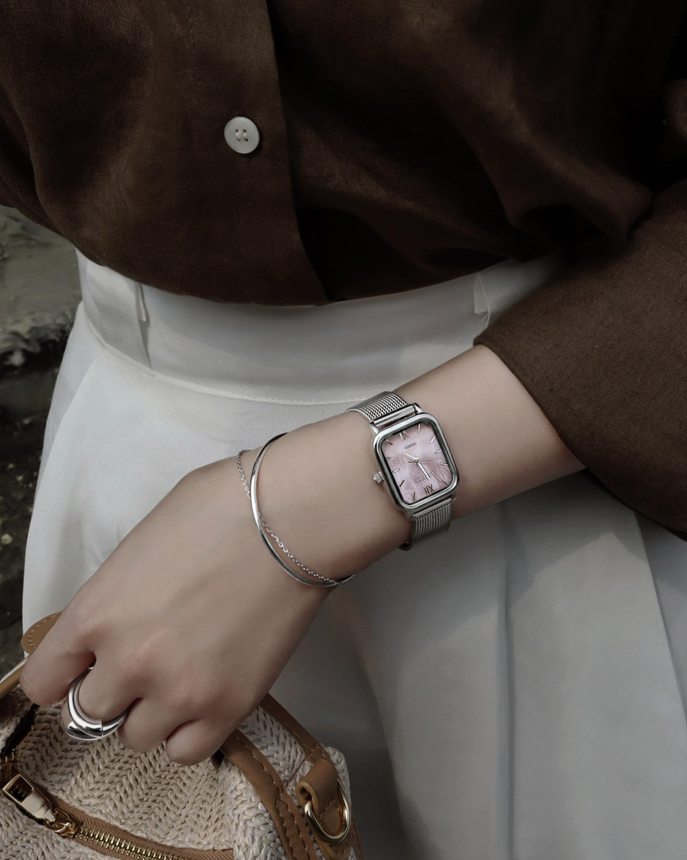 シェルピンク真珠の母メッシュバンド腕時計Harborシルバー