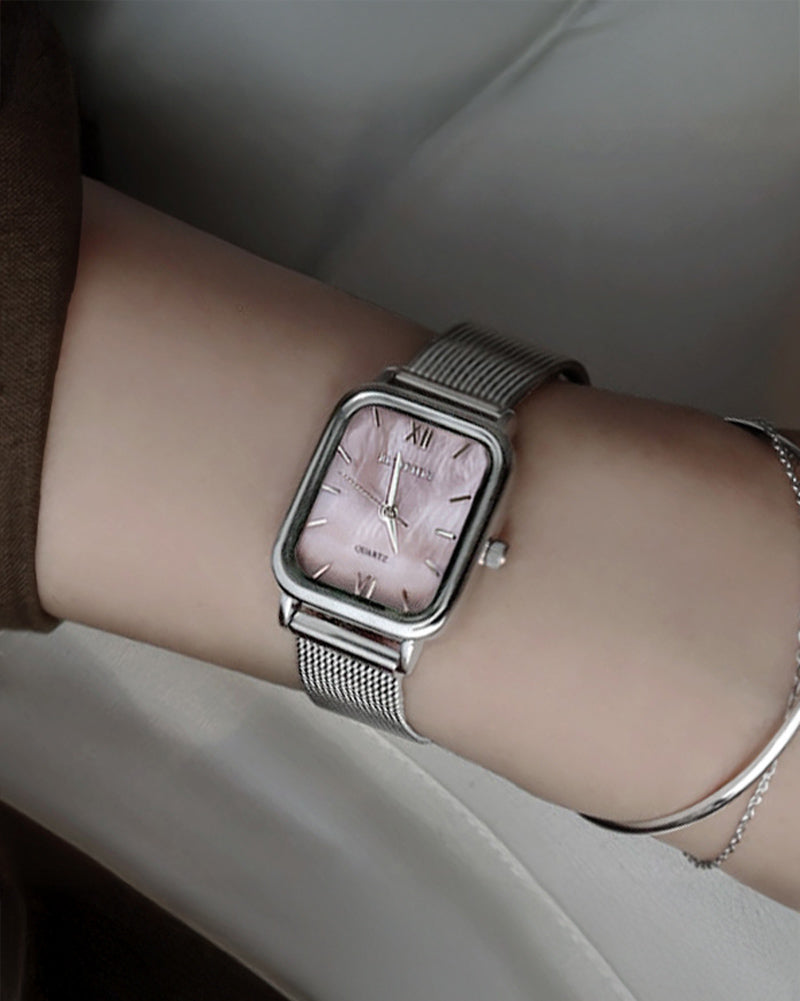 シェルピンク真珠の母メッシュバンド腕時計Harborシルバー