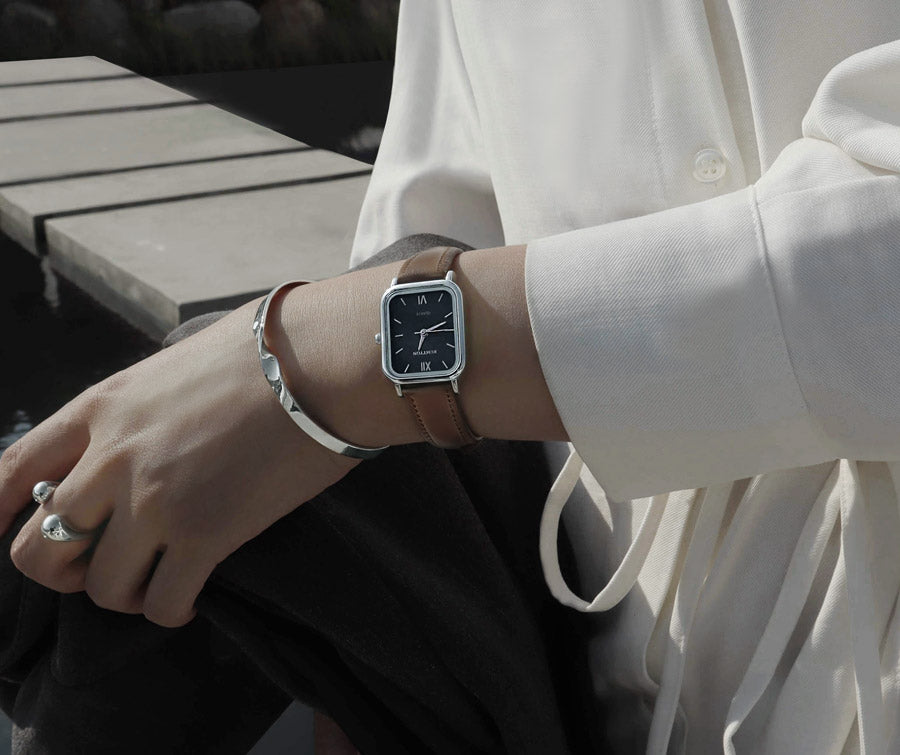 Black Mother of pearl brown Leather band watch Harbor Silver