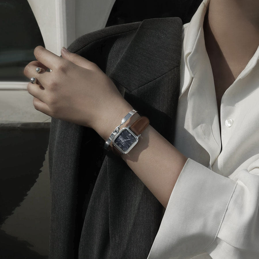 Black Mother of pearl brown Leather band watch Harbor Silver