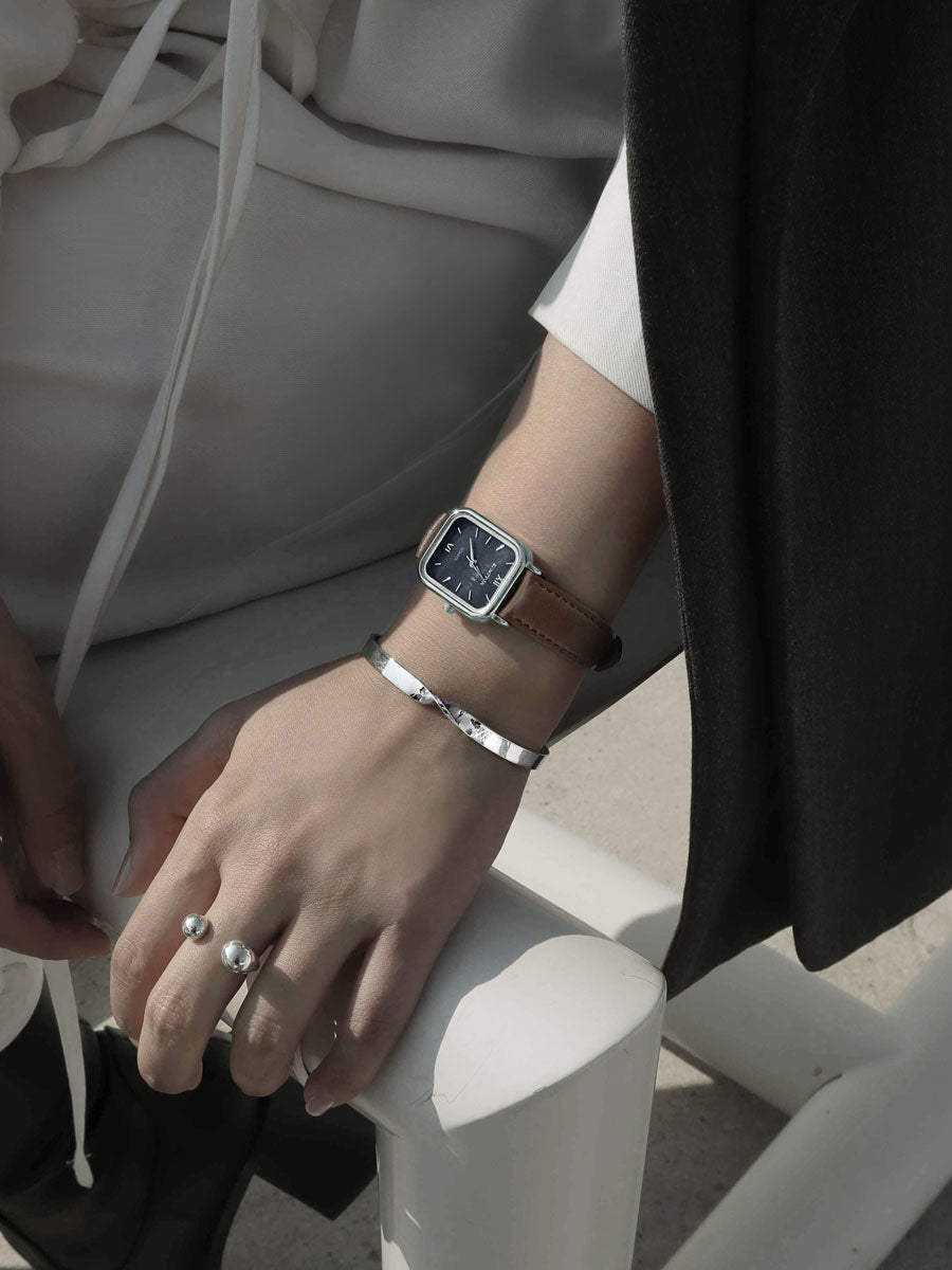 Black Mother of pearl brown Leather band watch Harbor Silver