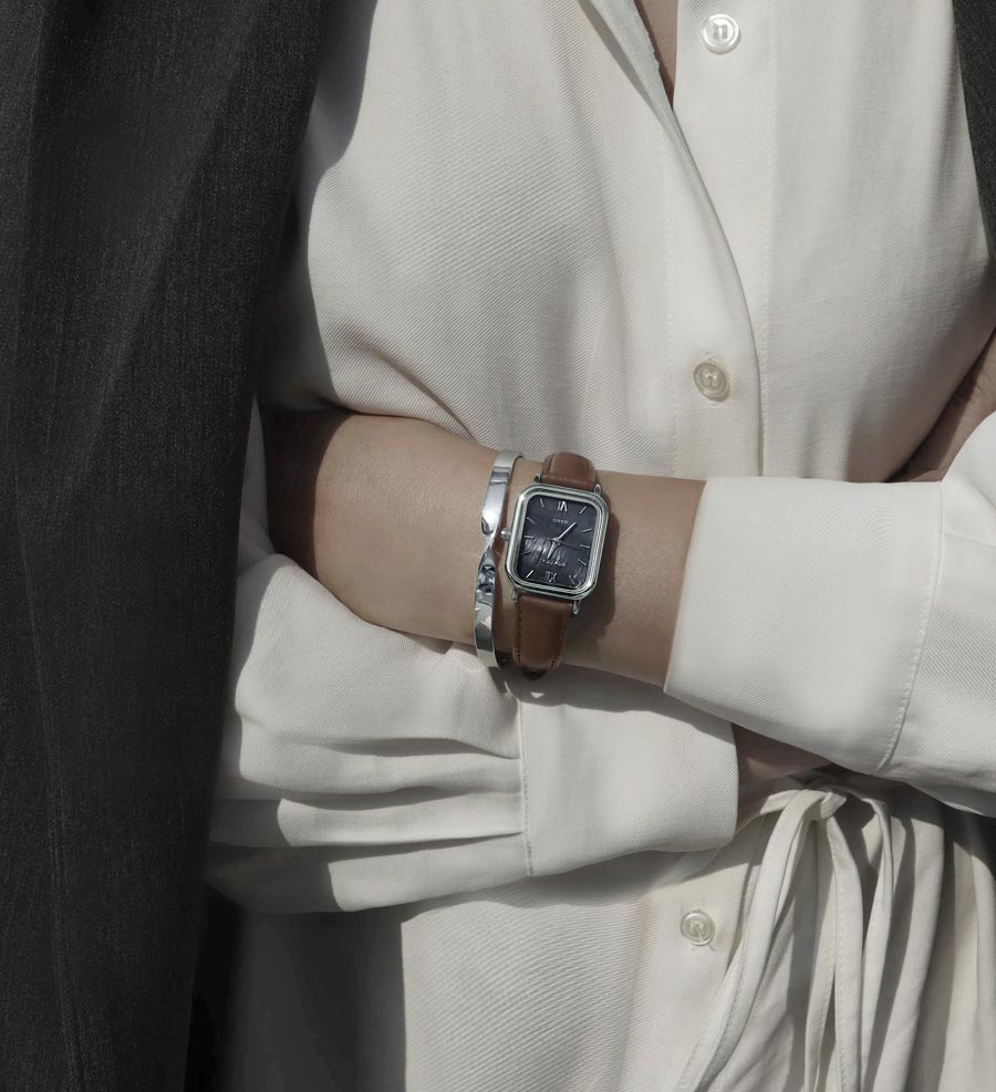 Black Mother of pearl brown Leather band watch Harbor Silver