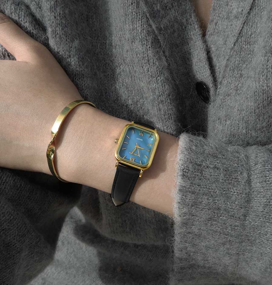 Blue Mother of pearl black Leather band watch Harbor Gold