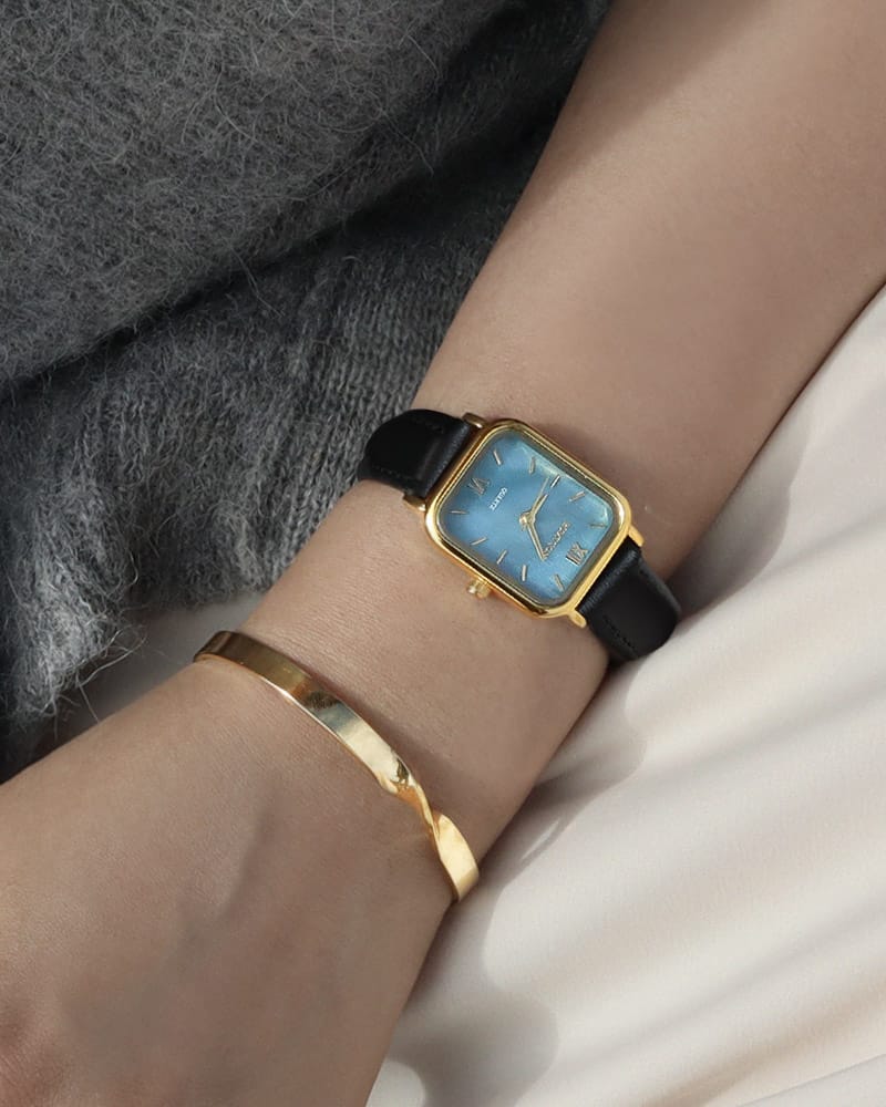 Blue Mother of pearl black Leather band watch Harbor Gold