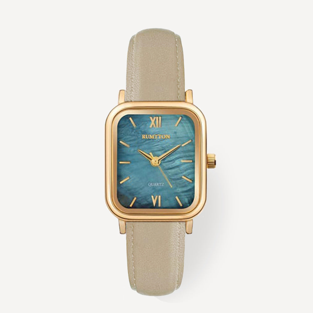RUMTTON Blue Mother of pearl beige Leather band watch Gold