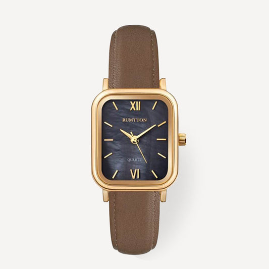 Reloj con correa de cuero marrón de nácar negro Harbor Gold