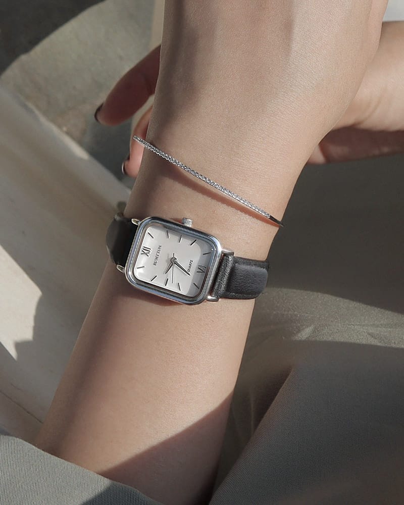 White Mother of pearl black Leather band watch Harbor Silver