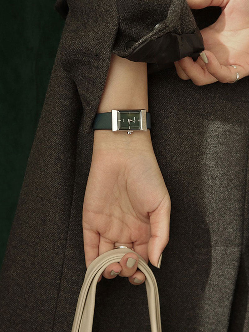 Leather band Squre shape watch Grid Green Silver