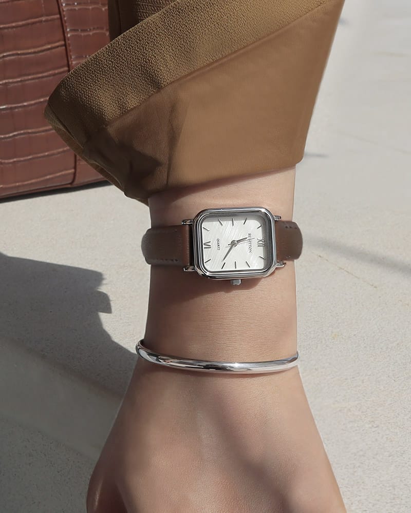 White Mother of pearl brown Leather band watch Harbor Silver