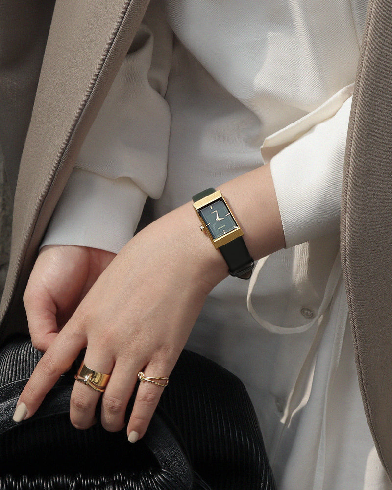 皮錶帶方形手錶Grid綠金