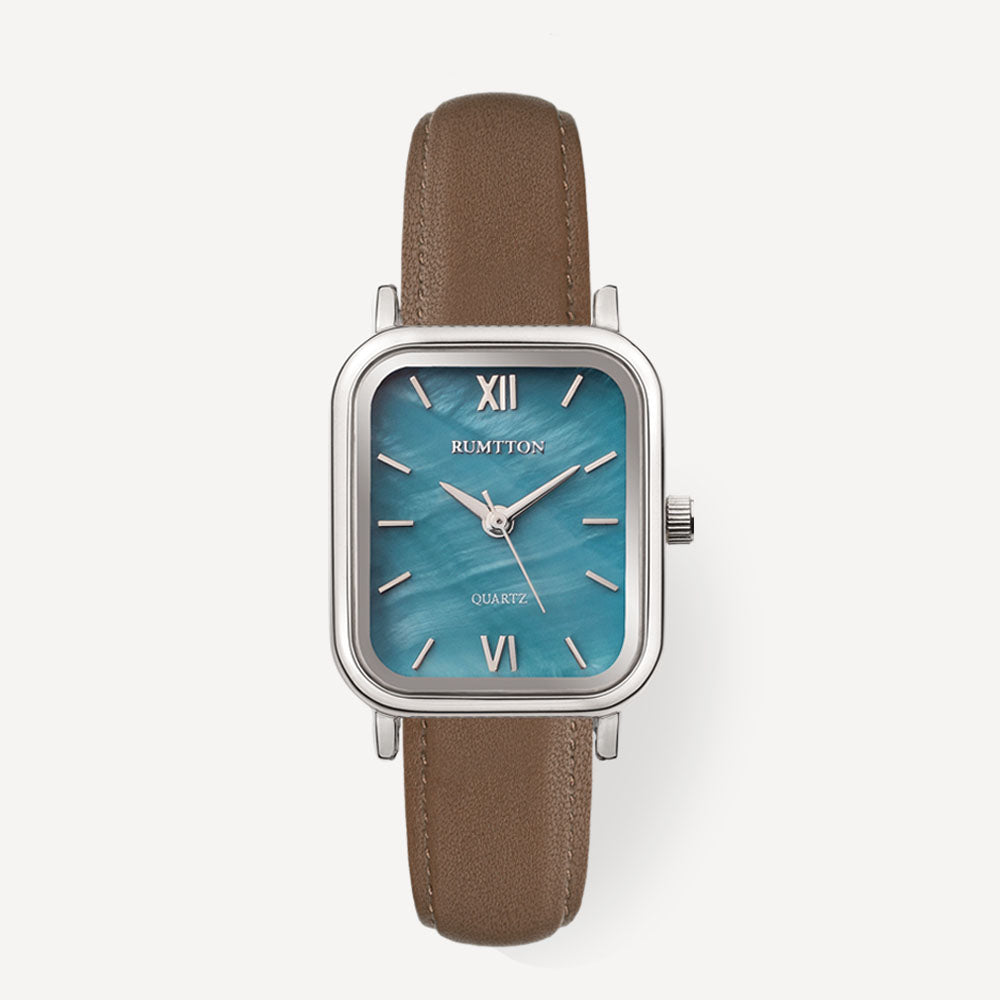 Reloj con correa de cuero marrón de nácar azul Harbor Silver