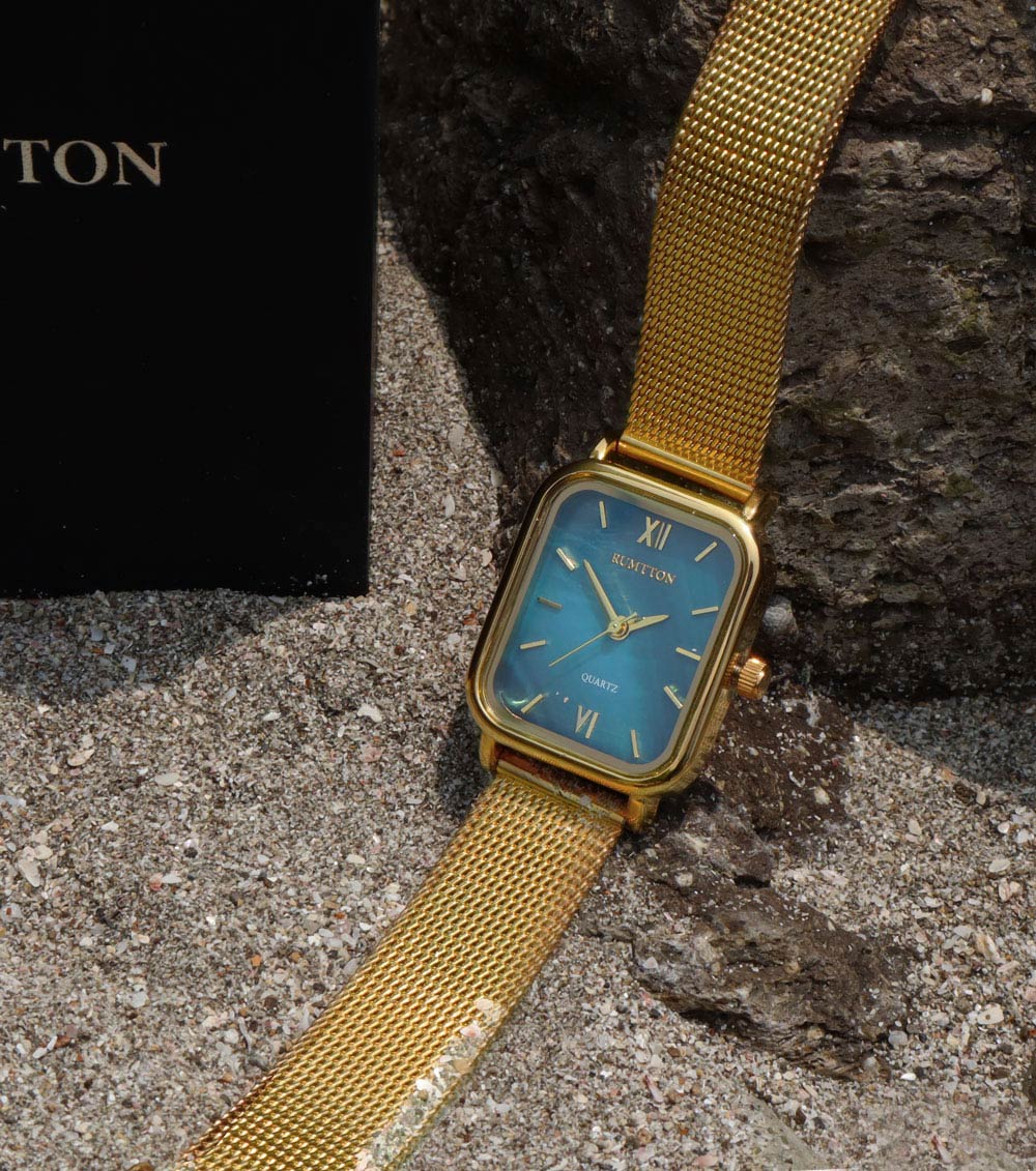RUMTTON Blue Mother of pearl women's Mesh band watch Gold