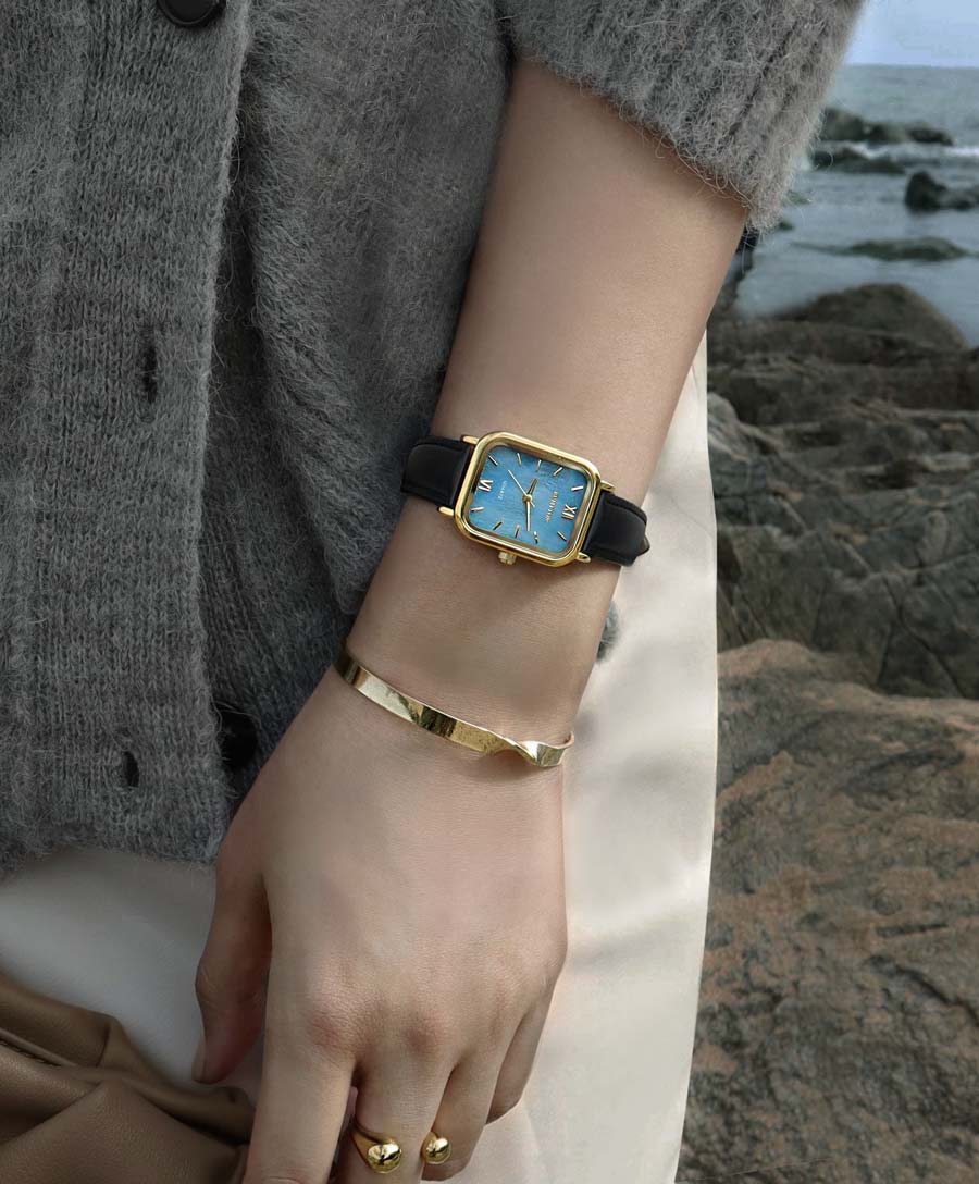 RUMTTON Blue Mother of pearl black Leather band watch Gold