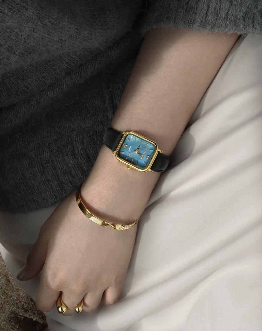 RUMTTON Blue Mother of pearl black Leather band watch Gold