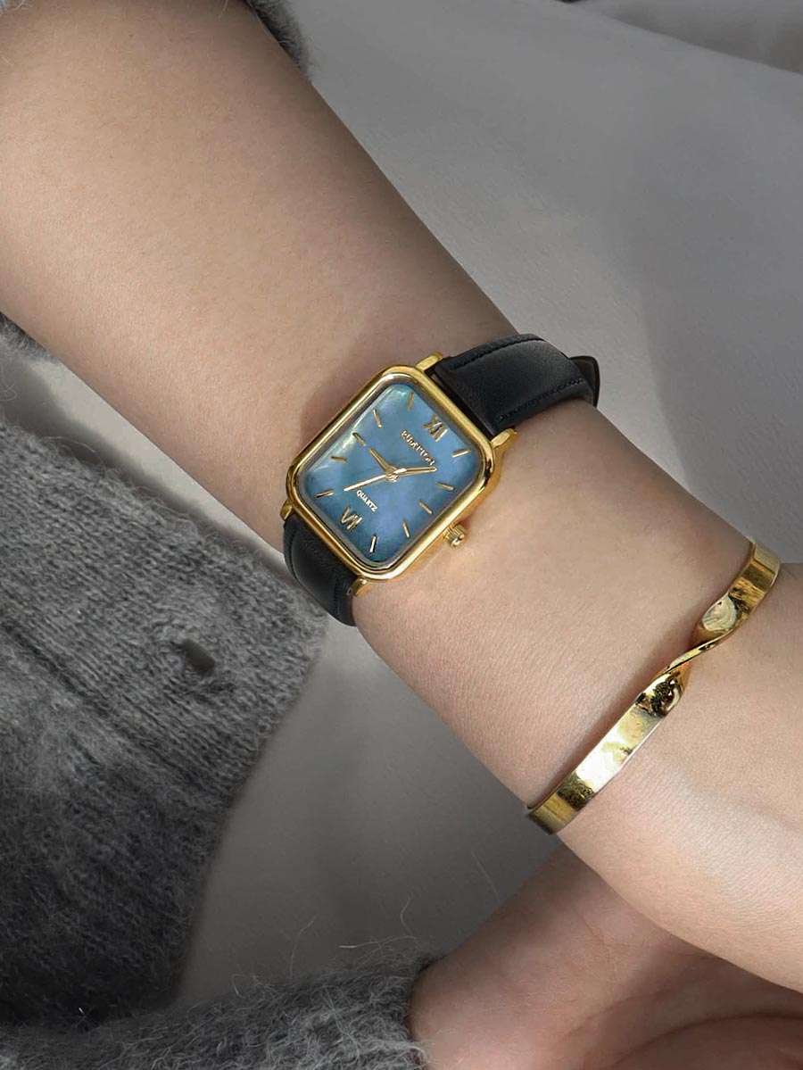 Blue Mother of pearl black Leather band watch Harbor Gold