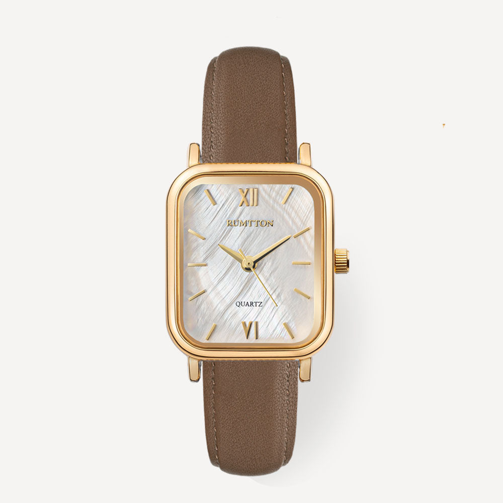 Reloj con correa de cuero marrón de nácar blanco Harbor Gold