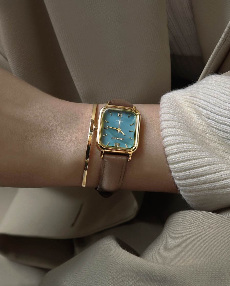 RUMTTON Blue Mother of pearl brown Leather band watch Harbor Gold