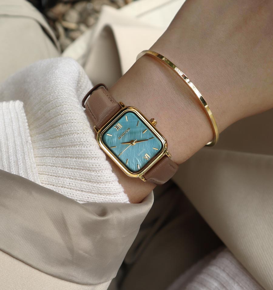 RUMTTON Blue Mother of pearl brown Leather band watch Harbor Gold