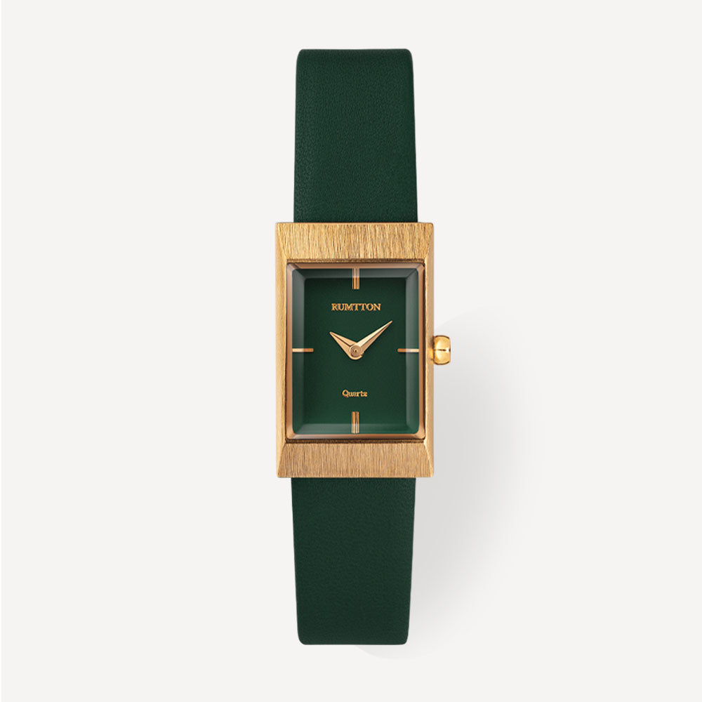 Leather band Squre shape watch Grid Green Gold