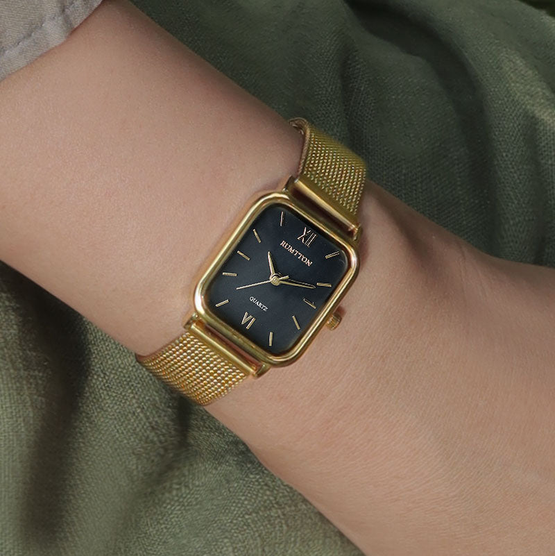 นาฬิกาข้อมือสายตาข่ายสำหรับผู้หญิง หอยมุกสีดำ Harbor Gold