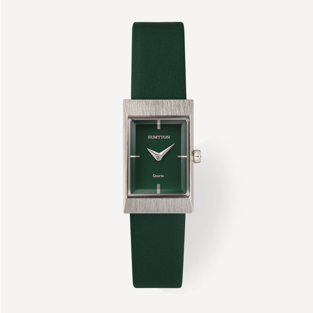 Leather band Squre shape watch Grid Green Silver
