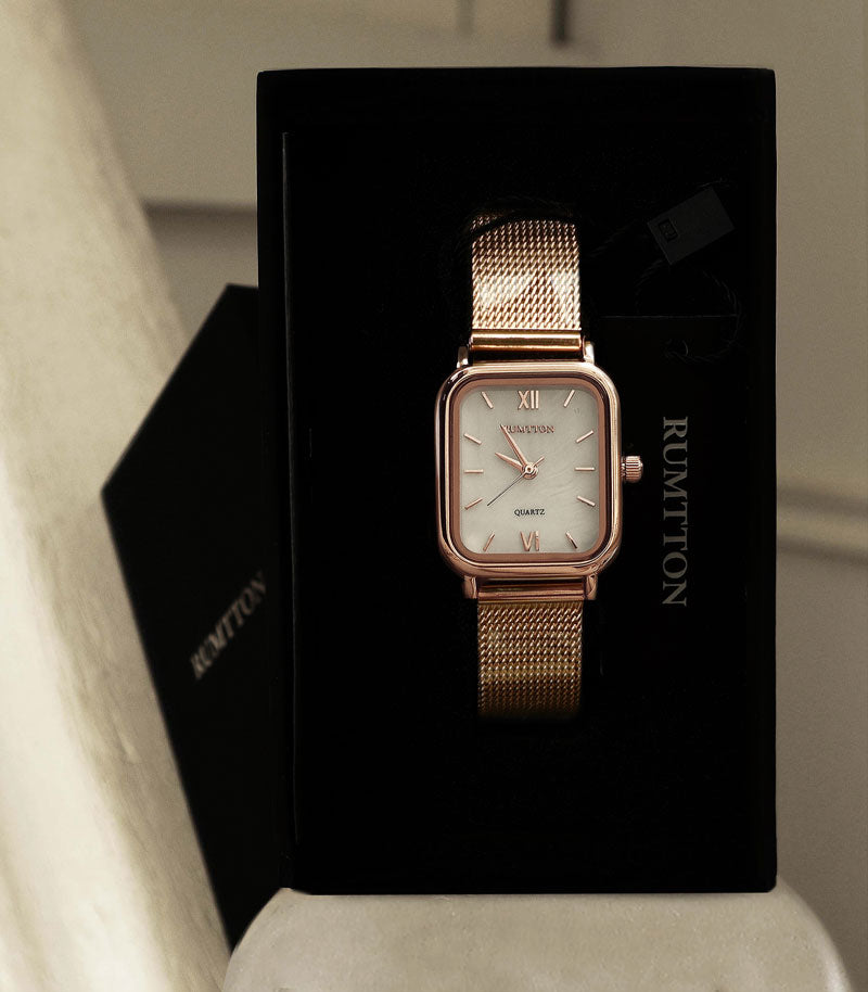 RUMTTON White Mother of pearl Women's Mesh band watch Rose Gold