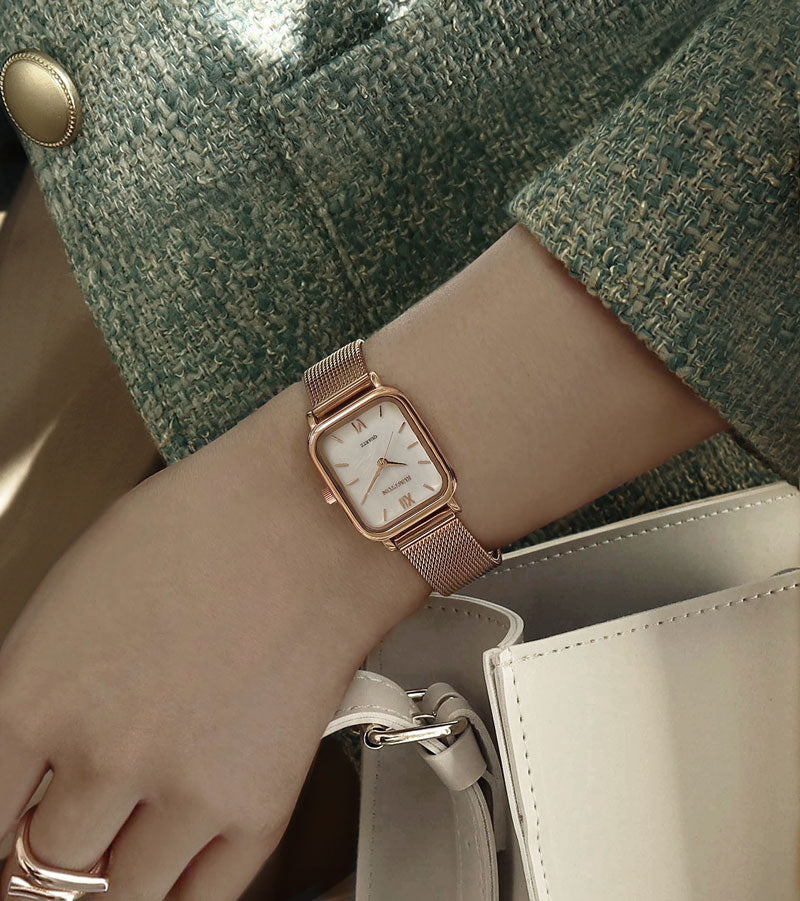 White Mother of pearl Women's Mesh band watch Harbor Rose Gold