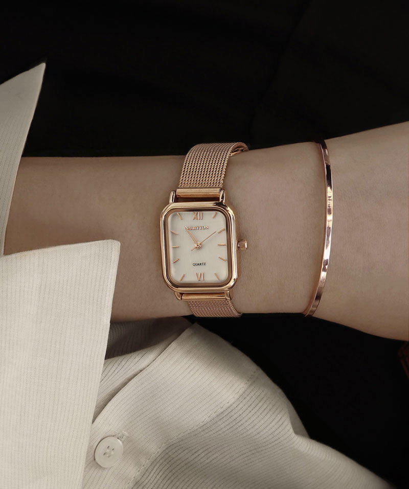 RUMTTON White Mother of pearl Women's Mesh band watch Rose Gold