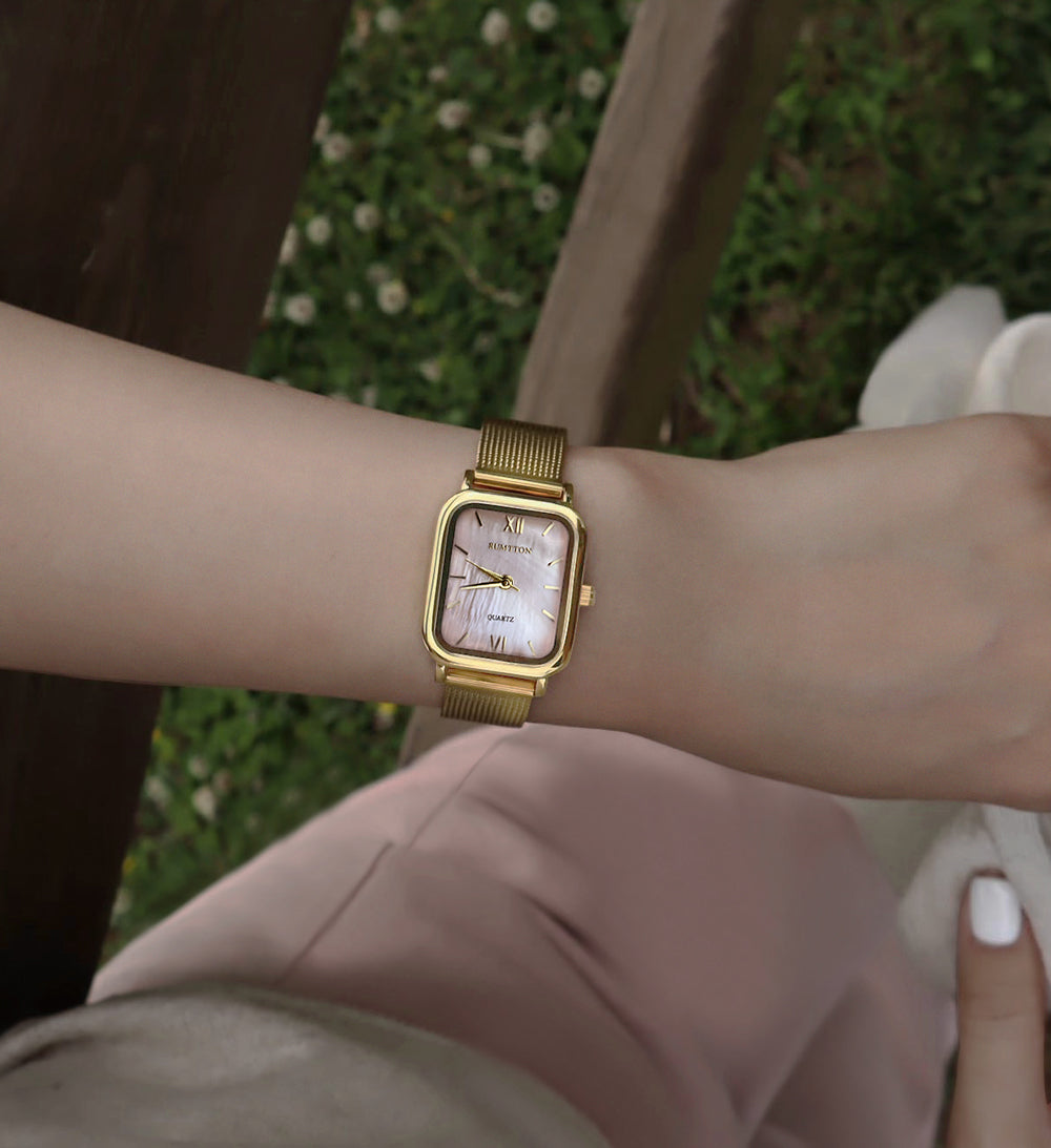 Reloj de mujer con correa de malla de nácar rosa concha Harbor Gold