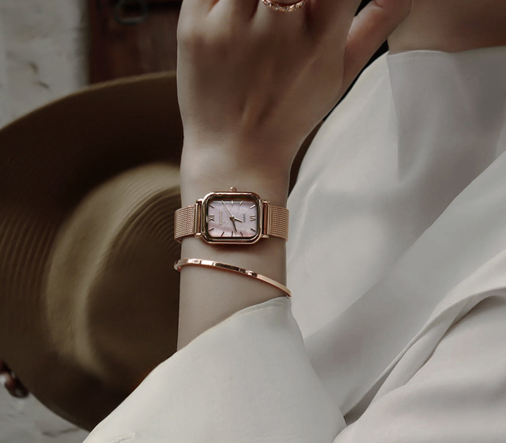 Reloj de mujer con correa de malla de nácar rosa concha Harbor Rose Gold