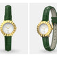 Circle shape Crystal deco Women's Green leather band watch Bloom Gold