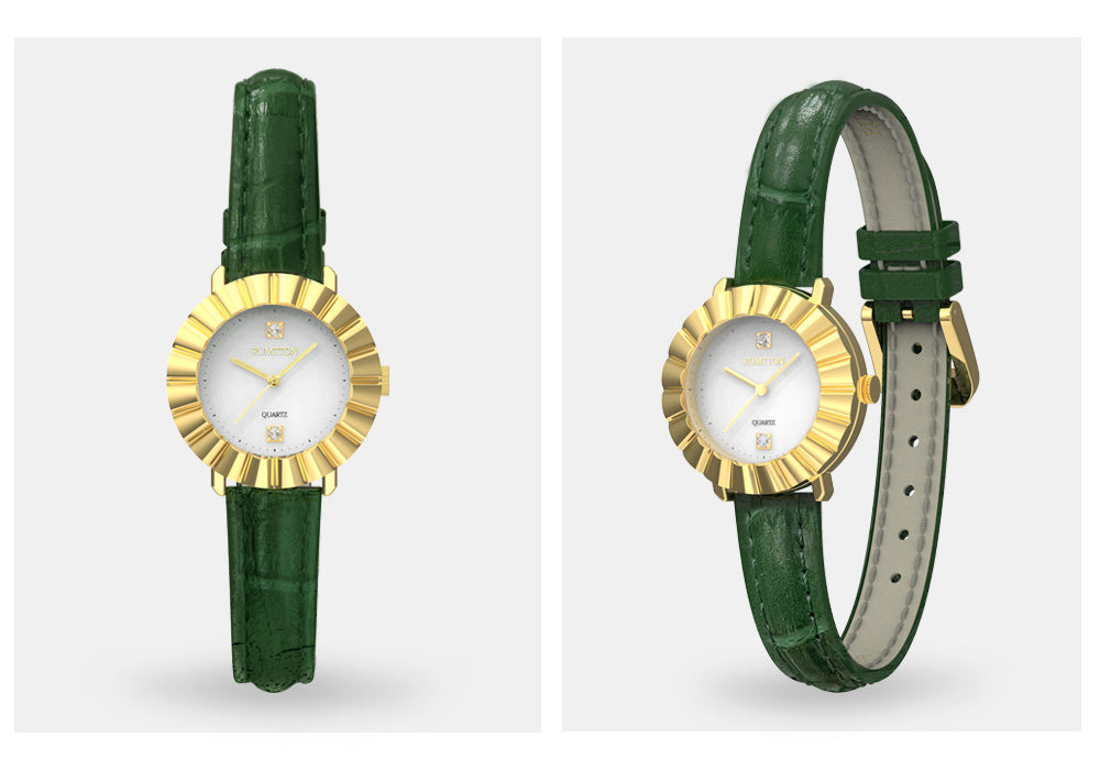Circle shape Crystal deco Women's Green leather band watch Bloom Gold