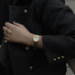 Forma de círculo Crystal deco Reloj de pulsera de cuero verde para mujer Bloom Gold