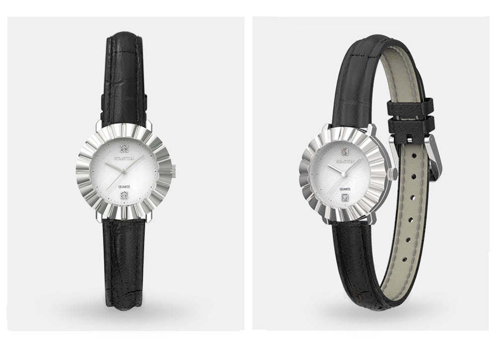 นาฬิกาข้อมือสายหนังสีดำสำหรับผู้หญิง Crystal deco ทรงกลม Bloom Silver