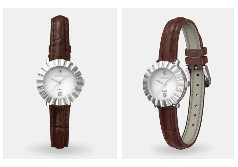 Forma de círculo Crystal deco Reloj de pulsera de cuero marrón para mujer Bloom Silver