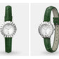 Circle shape Crystal deco Women's Green leather band watch Bloom Silver