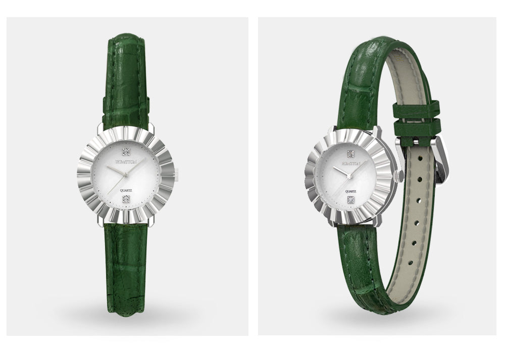 Forma de círculo Crystal deco Reloj de correa de cuero verde para mujer Bloom Silver