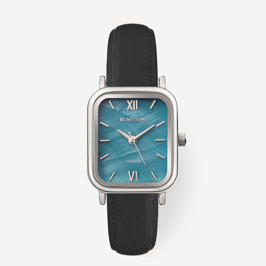 Reloj con correa de cuero negro de nácar azul Harbor Silver