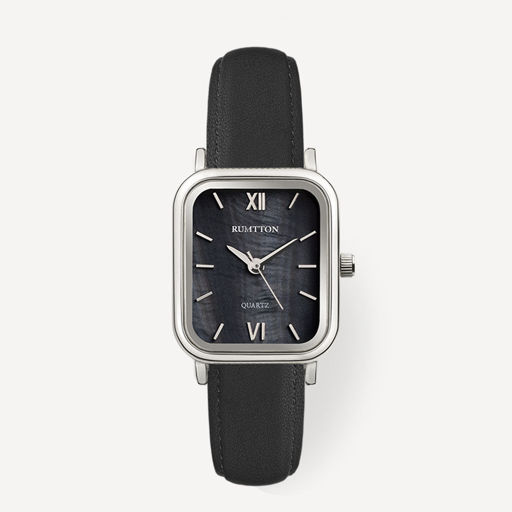 Reloj con correa de cuero negro de nácar negro Harbor Silver