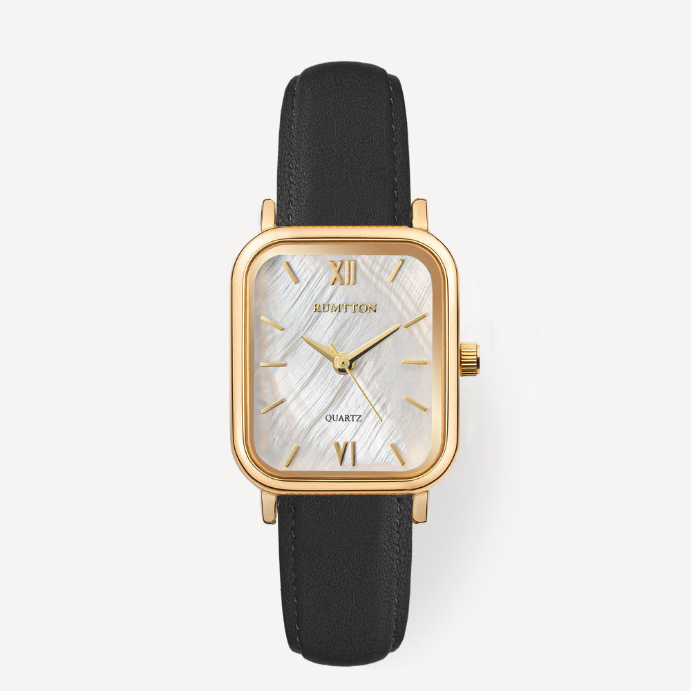 Reloj con correa de cuero negro de nácar blanco Harbor Gold