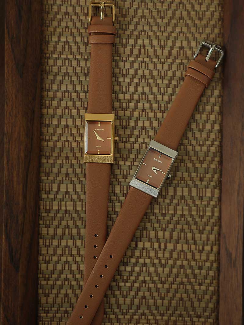 Leather band Squre shape watch Grid Tan Gold