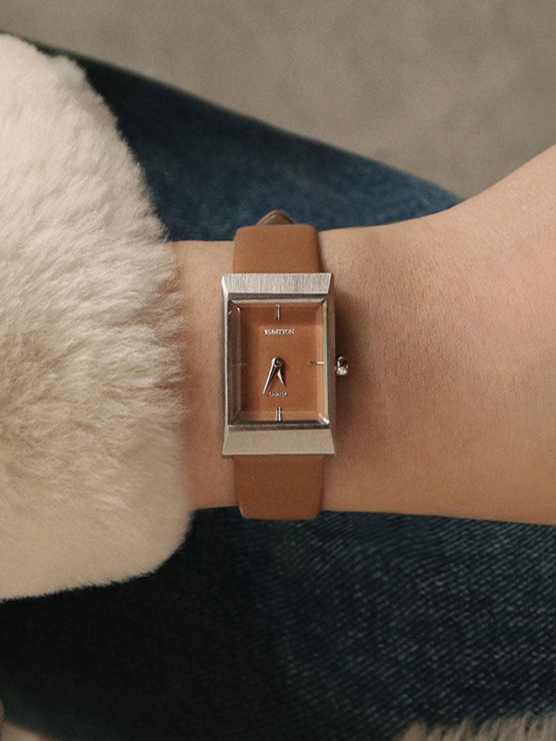 Leather band Squre shape watch Grid Tan Silver