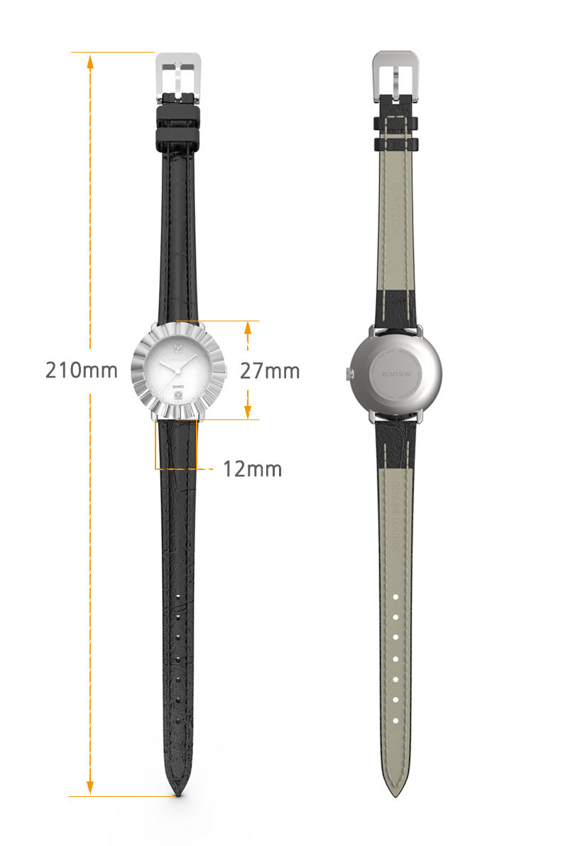 サークル形状クリスタルデコレディースブラックレザーバンド腕時計Bloomシルバー